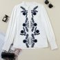 White Floral Embroidered Shirred Sleeve Elegant Shirt