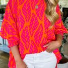 Rose Tropical Leaf Print Smocked Puff Sleeve Blouse