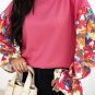 Pink Flower Patchwork Ruffled Sleeve Ribbed Knit Drop Shoulder Top