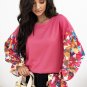 Pink Flower Patchwork Ruffled Sleeve Ribbed Knit Drop Shoulder Top