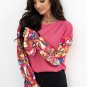 Pink Flower Patchwork Ruffled Sleeve Ribbed Knit Drop Shoulder Top