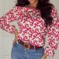 Red Floral Print Long Sleeve Open Back Blouse