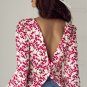 Red Floral Print Long Sleeve Open Back Blouse
