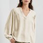 White Solid Color Lantern Sleeve Notched V Neck Blouse