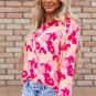 Pink Blooming Floral Print Puff Sleeve Buttoned Shirt
