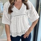 White Lace Crochet Hollowed Scallop Hem V Neck Blouse
