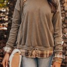 Breen Plaid Patchwork Knotted Hem High Neck Blouse