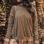 Breen Plaid Patchwork Knotted Hem High Neck Blouse
