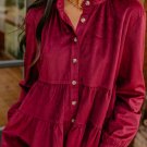 Burgundy Corduroy Ruffle Tiered Buttoned O Neck Shirt
