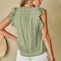 Meadow Mist Green V Neck Flutter Sleeve Textured Blouse