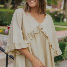 Apricot V Neck Draped Batwing Sleeve Ruffle Blouse