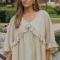 Apricot V Neck Draped Batwing Sleeve Ruffle Blouse