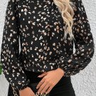 Black Leopard Print Lantern Sleeve Mock Neck Pleated Blouse