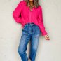 Rose Red Solid Color Shirred Cuff Notch V Neck Blouse