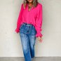 Rose Red Solid Color Shirred Cuff Notch V Neck Blouse