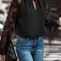 Black Keyhole Neckline Floral Lace Raglan Sleeve Blouse