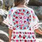 White Boho Floral Print Round Neck Ruffle Trim Blouse