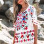 White Boho Floral Print Round Neck Ruffle Trim Blouse