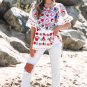 White Boho Floral Print Round Neck Ruffle Trim Blouse
