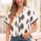 Black Geometric Print Short Sleeve V Neck Blouse