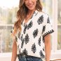 Black Geometric Print Short Sleeve V Neck Blouse