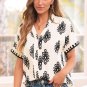 Black Geometric Print Short Sleeve V Neck Blouse