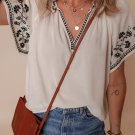 White Floral Embroidered Short Sleeve V Neck Blouse