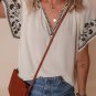 White Floral Embroidered Short Sleeve V Neck Blouse
