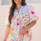 Multicolor Floral Striped Yoke Frilled V Neck Puff Short Sleeve Blouse