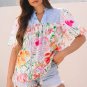 Multicolor Floral Striped Yoke Frilled V Neck Puff Short Sleeve Blouse