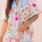 Multicolor Floral Striped Yoke Frilled V Neck Puff Short Sleeve Blouse