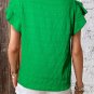 Dark Green Textured Ruffled Sleeve Round Neck Top