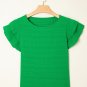 Dark Green Textured Ruffled Sleeve Round Neck Top