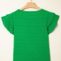 Dark Green Textured Ruffled Sleeve Round Neck Top