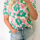 Green Abstract Print Frilly Neck Ruched Short Sleeve Blouse