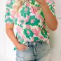 Green Abstract Print Frilly Neck Ruched Short Sleeve Blouse