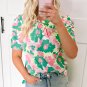 Green Abstract Print Frilly Neck Ruched Short Sleeve Blouse