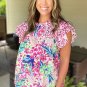 Pink Floral Mixed Print Ruffle Cap Sleeve Blouse