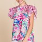 Pink Floral Mixed Print Ruffle Cap Sleeve Blouse
