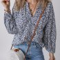 Blue Floral Print Notched V Neck Puff Sleeve Blouse