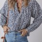 Blue Floral Print Notched V Neck Puff Sleeve Blouse