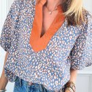 Ashleigh Blue Leopard Print Spot Contrast V Neck Half Puff Sleeve Shirt