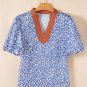 Ashleigh Blue Leopard Print Spot Contrast V Neck Half Puff Sleeve Shirt