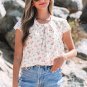Pink Floral Print Embroidery Detail Crochet Cap Sleeve Blouse