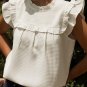 White Solid Color Ruffle Trim Waffle Knit Blouse