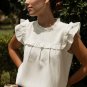 White Solid Color Ruffle Trim Waffle Knit Blouse