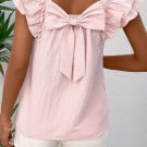 Gossamer Pink Textured Bow Knot Frilled Butterfly Sleeve Blouse