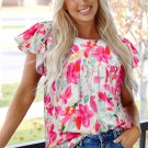 Rose Floral Print Flutter Sleeve Round Neck Casual Blouse