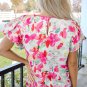 Rose Floral Print Flutter Sleeve Round Neck Casual Blouse