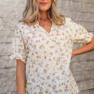 White Floral Eyelet Embroidered Puff Sleeve Notch V Neck Blouse